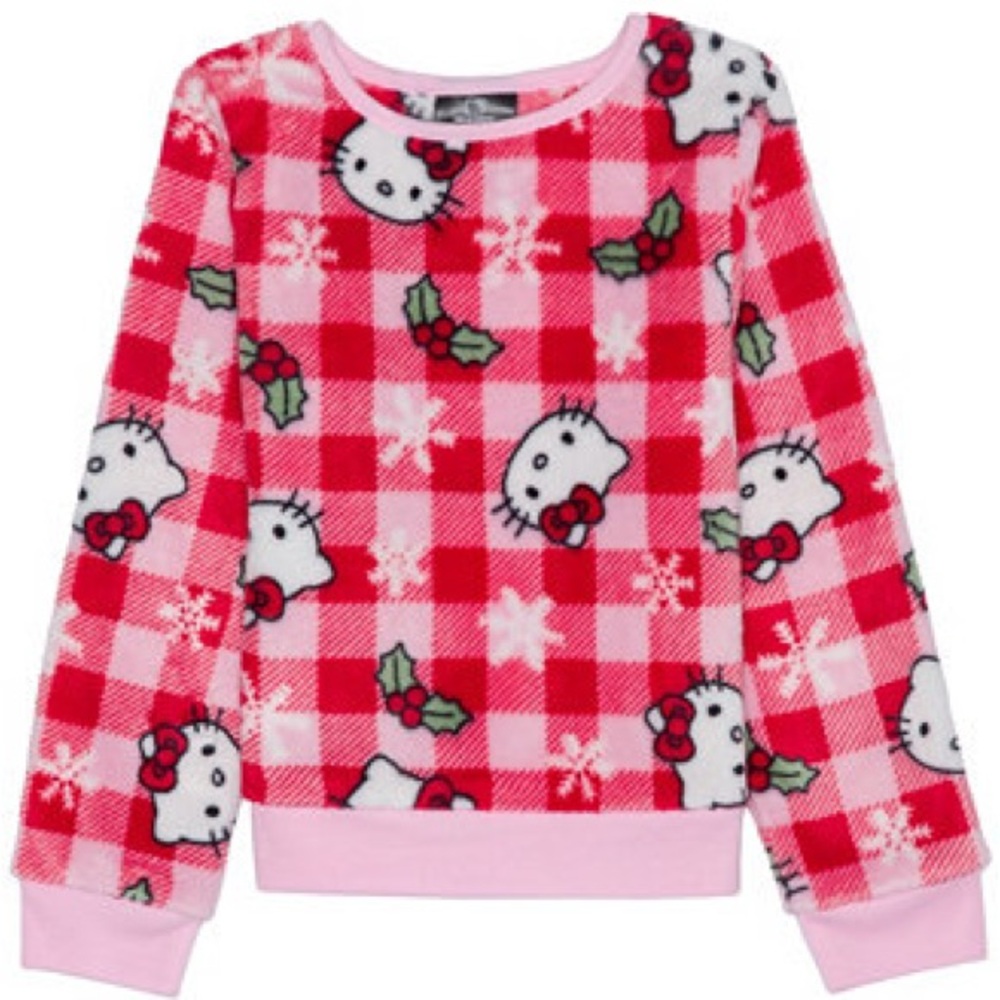 Hello Kitty Pink and Red Plaid Christmas plush fleece Sweatshirt